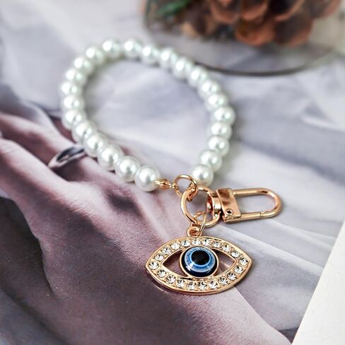 2-Pack Turkish Devil's Eye Keychain Wristlet Phone Charm Set, Hamsa Hand and Turkish Blue Eyes Crystal Beaded Bracelet Key Holder, Pearl Chain Rhinestone Accessories 3 in 1 in Saudi Arabia