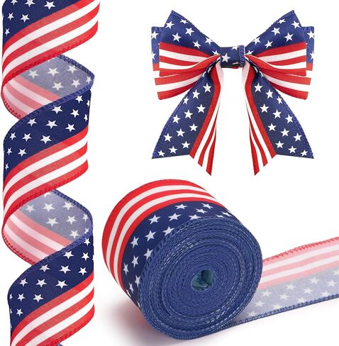 KINGLAKE 250th Anniversary Patriotic Wired Ribbon - 2-1/2 Inch x 11 Yards Red White Blue Burlap Ribbon with Stars 4th of July Ribbons for Crafts Wreath Independence Day Memorial Day Veterans Day Decor in Kuwait
