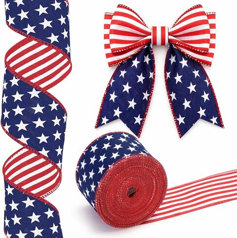 KINGLAKE 250th Anniversary Patriotic Wired Ribbon - 2-1/2 Inch x 11 Yards Red White Blue Burlap Ribbon with Stars 4th of July Ribbons for Crafts Wreath Independence Day Memorial Day Veterans Day Decor in Kuwait