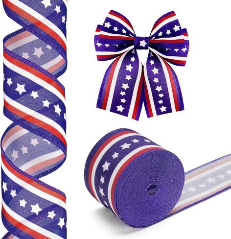 KINGLAKE 250th Anniversary Patriotic Wired Ribbon - 2-1/2 Inch x 11 Yards Red White Blue Burlap Ribbon with Stars 4th of July Ribbons for Crafts Wreath Independence Day Memorial Day Veterans Day Decor in Kuwait