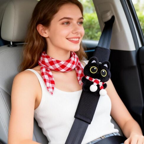 2 PCS Seat Belt Cover Pad, Cute Kawaii Animal Cat Soft Seatbelt Covers for Women, Seatbelt Cushion, Black Car Seat Strap Pads for Summer Spring (Red) in Saudi Arabia