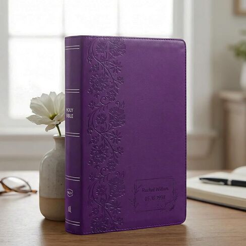 Personalized NKJV Reference Bible, Custom Name Text & Design, New King James Version, Large Print, Red Letter, Cross References, Faux Leather Purple, Baptism Confirmation Gift in Kuwait