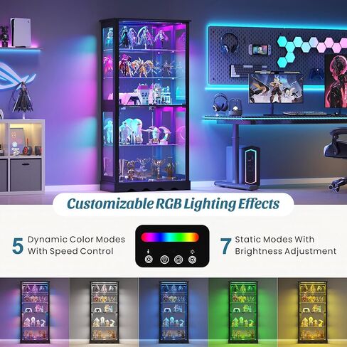 خزانة عرض زجاجية من Dystler مقاس 71 بوصة مع أبواب، وخزانة RGB Curio مع مصابيح LED للمقتنيات، وحقيبة عرض مع رف قابل للتعديل، أسود in Kuwait