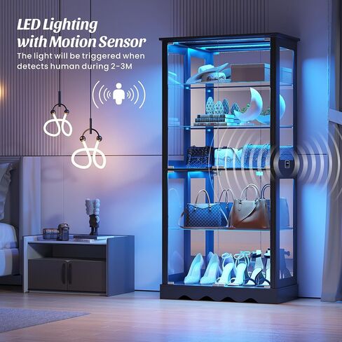 خزانة عرض زجاجية من Dystler مقاس 71 بوصة مع أبواب، وخزانة RGB Curio مع مصابيح LED للمقتنيات، وحقيبة عرض مع رف قابل للتعديل، أسود in Kuwait