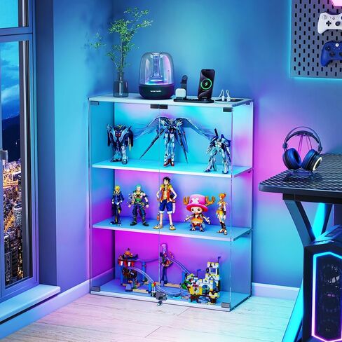 VersionTECH. خزانة عرض زجاجية مع مصابيح LED RGB، شاشة عرض كاملة، علبة عرض ثلاثية الطبقات مع أبواب زجاجية للمقتنيات، خزائن مع قفل، مستشعر بشري، محطة شحن، أسود in Kuwait