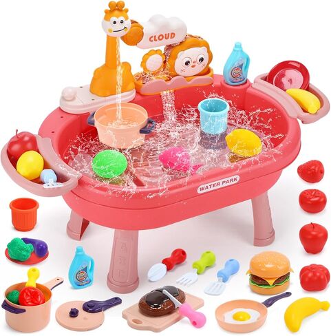 HOLYFUN Play Kitchen Sink with Running Water, Water Table Toy, Sink Toy with Functional Faucet, Play Food, Pots & Pans Kitchen Accessories, Realistic Pretend Play Gift Set for Toddlers and Kids (Pink) in Saudi Arabia