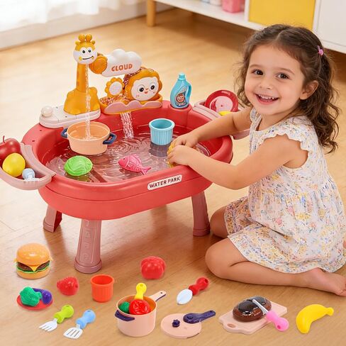 HOLYFUN Play Kitchen Sink with Running Water, Water Table Toy, Sink Toy with Functional Faucet, Play Food, Pots & Pans Kitchen Accessories, Realistic Pretend Play Gift Set for Toddlers and Kids (Pink) in Saudi Arabia