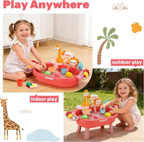 HOLYFUN Play Kitchen Sink with Running Water, Water Table Toy, Sink Toy with Functional Faucet, Play Food, Pots & Pans Kitchen Accessories, Realistic Pretend Play Gift Set for Toddlers and Kids (Pink) in Saudi Arabia