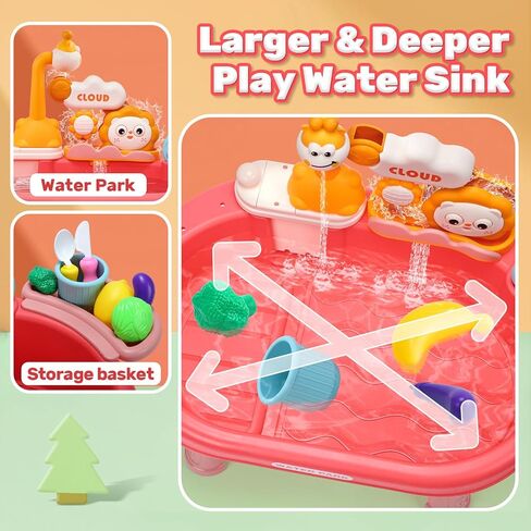 HOLYFUN Play Kitchen Sink with Running Water, Water Table Toy, Sink Toy with Functional Faucet, Play Food, Pots & Pans Kitchen Accessories, Realistic Pretend Play Gift Set for Toddlers and Kids (Pink) in Saudi Arabia