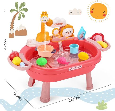 HOLYFUN Play Kitchen Sink with Running Water, Water Table Toy, Sink Toy with Functional Faucet, Play Food, Pots & Pans Kitchen Accessories, Realistic Pretend Play Gift Set for Toddlers and Kids (Pink) in Saudi Arabia