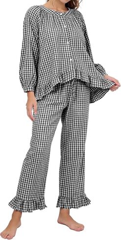 PEHMEA Women's Gingham Cotton Pajama Set, Cute 2 Piece Plaid Ruffle PJs with Long Pants Button Down Top for Lounge Sleepwear in Saudi Arabia