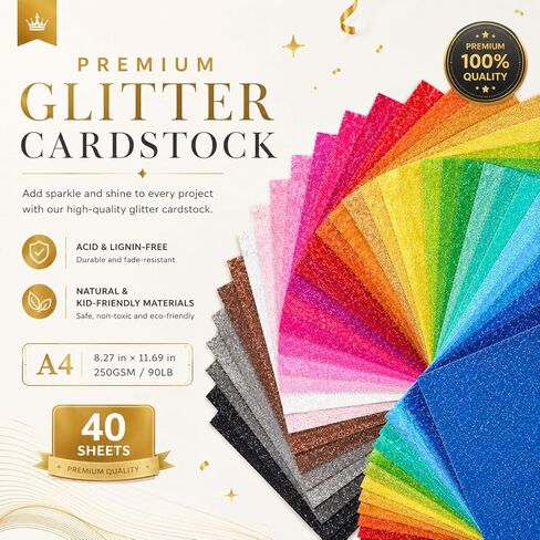40 Sheets 20 Colors Glitter Cardstock, A4 Cardstock Paper, Premium Cardstock for Cricut, Sparkly Paper Card Making, Sparkly Scrapbook Supplies for DIY Project, 250 GSM (8.27 x 11.69 IN) in Saudi Arabia