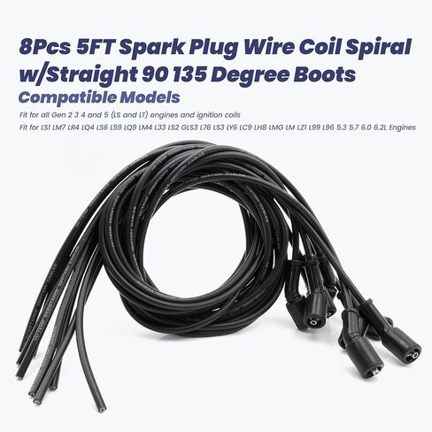 5FT Spark Plug Wire Coil Spiral w/Straight 90 135 Degree Boots Fit for LS1 LS3 LC9 LY6 LH8 LM7 LMG LR4 LQ4 LS6 L59 LQ9 LM4 L33 LS2 GLS3 LZ1 L76 L99 L96 All Gen2 3 4 5 LS LT Engine Replace 551083, 8Pcs in Kuwait