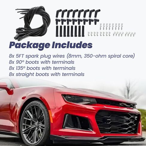 5FT Spark Plug Wire Coil Spiral w/Straight 90 135 Degree Boots Fit for LS1 LS3 LC9 LY6 LH8 LM7 LMG LR4 LQ4 LS6 L59 LQ9 LM4 L33 LS2 GLS3 LZ1 L76 L99 L96 All Gen2 3 4 5 LS LT Engine Replace 551083, 8Pcs in Kuwait