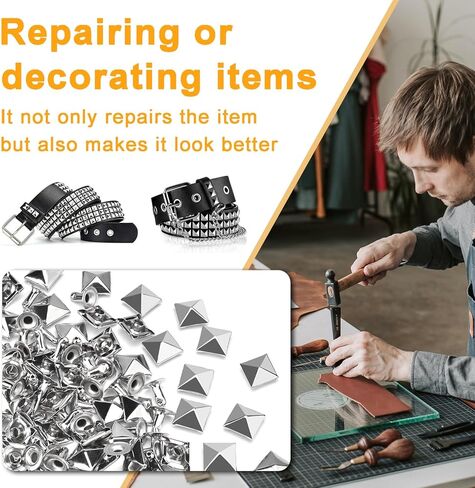 100 Sets 10mm Square Leather Rivets, Metal Pyramid Spike Studs Rivet for Leather Wrists Boots Clothing Pet Collars Belt Bags Punk Bracelets Key Fob DIY Repair and Decoration (Silver) in Kuwait