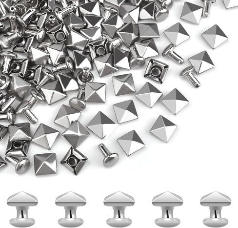 100 Sets 10mm Square Leather Rivets, Metal Pyramid Spike Studs Rivet for Leather Wrists Boots Clothing Pet Collars Belt Bags Punk Bracelets Key Fob DIY Repair and Decoration (Silver) in Kuwait
