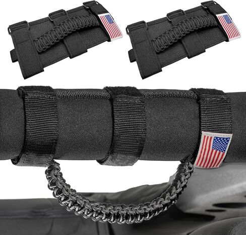 Sun Walker 2 PCS Roll Bar Grab Handles, Oxford Cloth Paracord Handgrip Handle with Metal Buckles, American Flag Grip Straps for Wrangler JL JK TJ YJ Gladiator JT UTV ATV, Car Accessories (Black) in Kuwait