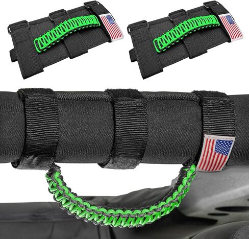 Sun Walker 2 PCS Roll Bar Grab Handles, Oxford Cloth Paracord Handgrip Handle with Metal Buckles, American Flag Grip Straps for Wrangler JL JK TJ YJ Gladiator JT UTV ATV, Car Accessories (Black) in Kuwait
