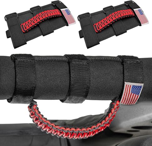 Sun Walker 2 PCS Roll Bar Grab Handles, Oxford Cloth Paracord Handgrip Handle with Metal Buckles, American Flag Grip Straps for Wrangler JL JK TJ YJ Gladiator JT UTV ATV, Car Accessories (Black) in Kuwait