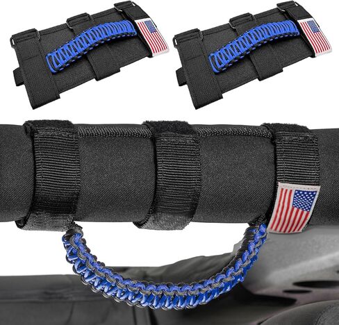 Sun Walker 2 PCS Roll Bar Grab Handles, Oxford Cloth Paracord Handgrip Handle with Metal Buckles, American Flag Grip Straps for Wrangler JL JK TJ YJ Gladiator JT UTV ATV, Car Accessories (Black) in Kuwait