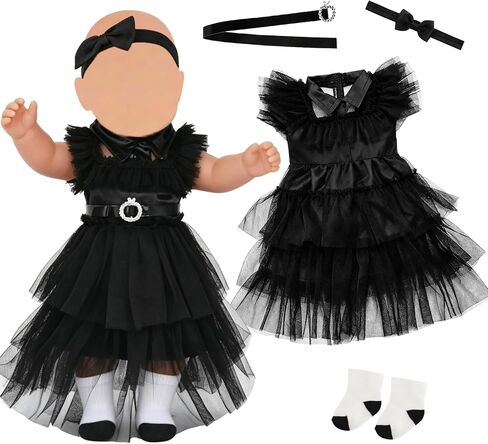 Doll Clothes for 14-17 Inch Baby Dolls, Black Party Dress Costume Doll Accessories Wednesday Tulle Dress with Bow Headband Belt and Socks, Reborn Baby Doll Clothes Halloween Present for Kids in Kuwait