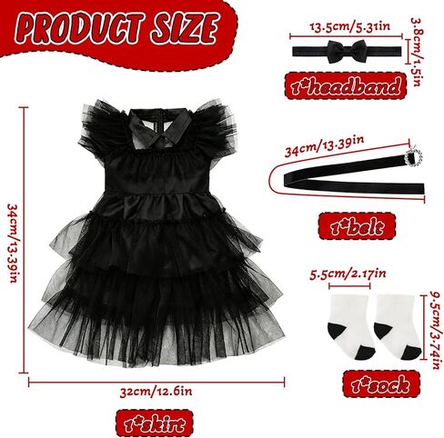 Doll Clothes for 14-17 Inch Baby Dolls, Black Party Dress Costume Doll Accessories Wednesday Tulle Dress with Bow Headband Belt and Socks, Reborn Baby Doll Clothes Halloween Present for Kids in Kuwait