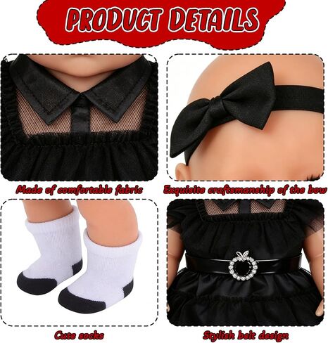 Doll Clothes for 14-17 Inch Baby Dolls, Black Party Dress Costume Doll Accessories Wednesday Tulle Dress with Bow Headband Belt and Socks, Reborn Baby Doll Clothes Halloween Present for Kids in Kuwait