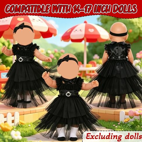 Doll Clothes for 14-17 Inch Baby Dolls, Black Party Dress Costume Doll Accessories Wednesday Tulle Dress with Bow Headband Belt and Socks, Reborn Baby Doll Clothes Halloween Present for Kids in Kuwait