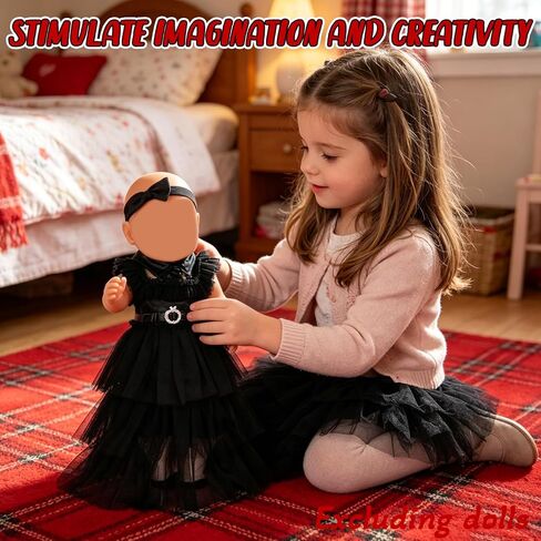 Doll Clothes for 14-17 Inch Baby Dolls, Black Party Dress Costume Doll Accessories Wednesday Tulle Dress with Bow Headband Belt and Socks, Reborn Baby Doll Clothes Halloween Present for Kids in Kuwait