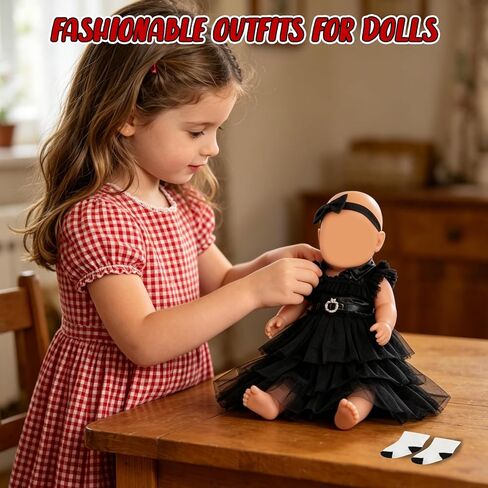 Doll Clothes for 14-17 Inch Baby Dolls, Black Party Dress Costume Doll Accessories Wednesday Tulle Dress with Bow Headband Belt and Socks, Reborn Baby Doll Clothes Halloween Present for Kids in Kuwait