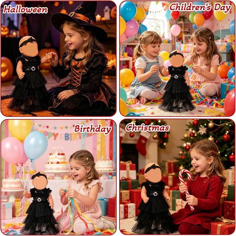 Doll Clothes for 14-17 Inch Baby Dolls, Black Party Dress Costume Doll Accessories Wednesday Tulle Dress with Bow Headband Belt and Socks, Reborn Baby Doll Clothes Halloween Present for Kids in Kuwait