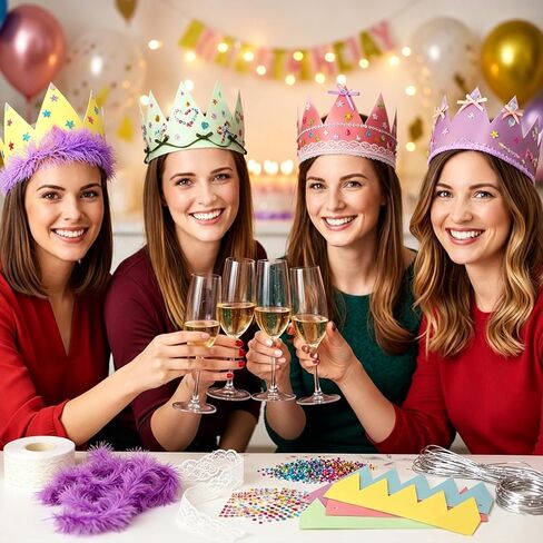 100 Pcs Pastel Paper Crowns DIY Princess Crowns Birthday King Crown Craft paper Hats with Jewels Gem Stickers Kit Feather Ribbon for Women School Classroom Party Decorations in Kuwait