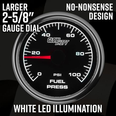 مجموعة قياس ضغط الوقود GlowShift 2-5/8 بوصة Racing 100 PSI - تتضمن مستشعرًا إلكترونيًا - قرص أسود - إضاءة خلفية LED بيضاء - لسيارات السباق - 65 مم in Kuwait