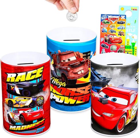 حزمة بنك العملات المعدنية من ديزني كارز للأطفال - تتضمن 3 علب تخزين فريدة من نوعها من نوع Lightning McQueen مقاس 6 بوصات بالإضافة إلى ملصقات، المزيد | بنك أموال سيارات ديزني in Kuwait