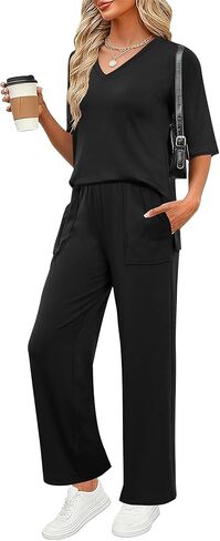 LOMON Women's 2 Piece Lounge Pajama Sets Soft 3/4 Sleeve Tops and Wide Leg Pants Loose Casual Outfits with Pockets in Saudi Arabia