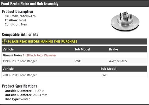 مجموعة دوار الفرامل الأمامية ومجموعة المحور لقطع غيار السيارات من Marketplace - متوافقة مع 1998-2011 Ford Ranger RWD in Kuwait