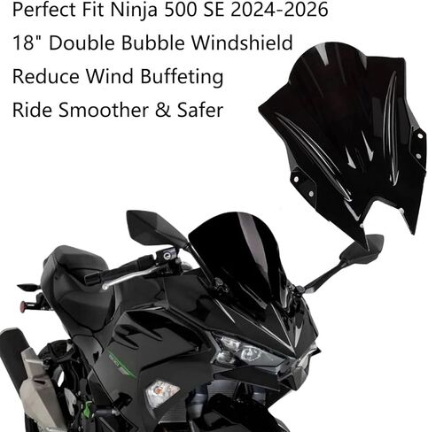الزجاج الأمامي متوافق مع NINJA500، واقي الرياح الفقاعي المزدوج للزجاج الأمامي لـ NINJA500 SE Ninja 500 2024 2025 2026 (18 بوصة أسود) in Kuwait