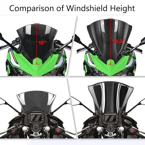 الزجاج الأمامي متوافق مع NINJA500، واقي الرياح الفقاعي المزدوج للزجاج الأمامي لـ NINJA500 SE Ninja 500 2024 2025 2026 (18 بوصة أسود) in Kuwait