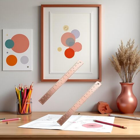 2Pcs Rose Gold Ruler, Metal Drawing Ruler, Brass Straight, Unisex Learning Measuring Bookmark Stationery for School Office Math Geometry Gift Drafting Tools and Kits in Kuwait