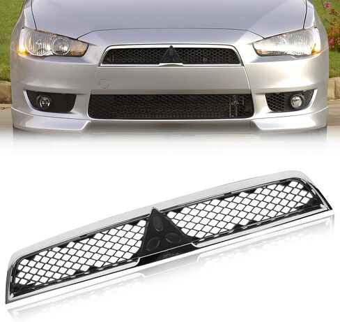 Chrome Front Bumper Grille Fit for Mitsubi-shi Lancer 2008 2009 2010 2011 2012 2013 2014 2015, [W/O Light] Bumper Hood Mesh Grill, ABS Black Bumper Grille in Kuwait