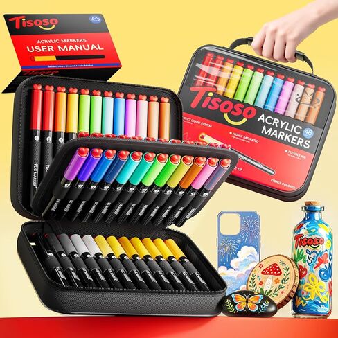 Tisoso Acrylic Paint Markers 48 Colors with Brush Tips, Direct Liquid, Auto Control Ink, Water Based No Bleed Markers, High Opacity Waterproof Paint Pens for Rock, Wood, Pumpkin DIY Craft in Saudi Arabia