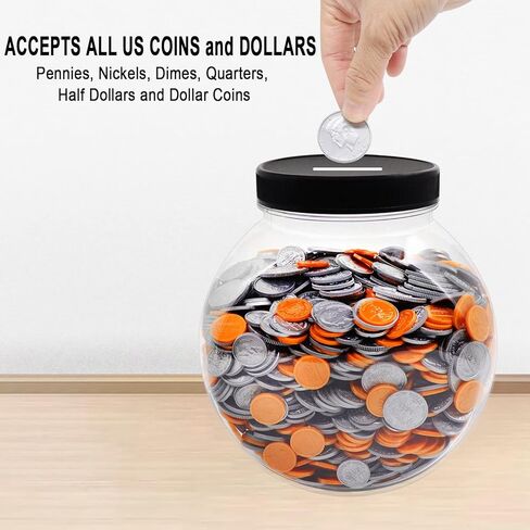 Large Coin Bank Jar, Big Clear Plastic Coin Money Tip Change Saving Piggy Jar with Silver Slotted Lid, 2 Placement Methods Large Plastic Coins Piggy Money Change Clear Bank for Adults Teens in Kuwait