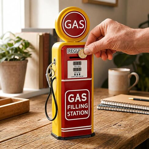 Vintage Gas Pump Piggy Bank - 13 Inch Retro Gas Station Coin Bank for Car Enthusiasts, Metal Money Box for Man Cave, Office & Home Decor, Americana Collectible Gift in Kuwait