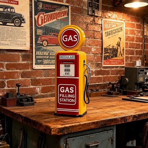 Vintage Gas Pump Piggy Bank - 13 Inch Retro Gas Station Coin Bank for Car Enthusiasts, Metal Money Box for Man Cave, Office & Home Decor, Americana Collectible Gift in Kuwait