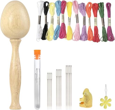 Darning Egg, Socks Wooden Darning Supplies Kit with 12 Pcs Needles 12 Colors Darning Thread for Socks Clothes Adults Darner DIY Handicraft Home Sewing Care in Saudi Arabia