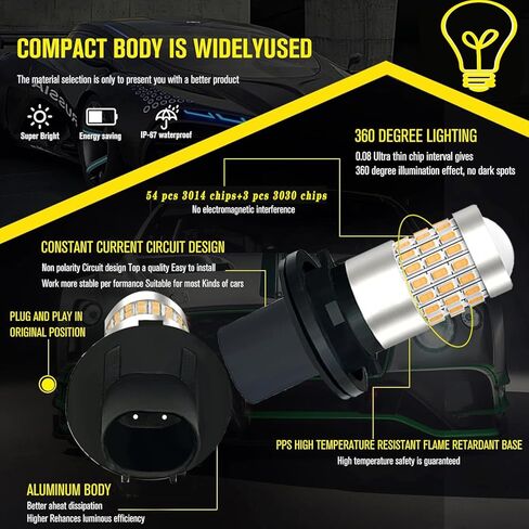 PH24WY LED لمبة العنبر، AC/DC9-24V PH24W PU20D مصابيح إشارة الانعطاف الأمامية مع عدسة 54-SMD 3014 3-SMD 3030 رقائق للسيارات.2-حزمة. in Kuwait