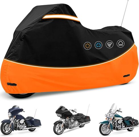 Heavy Duty Motorcycle Cover Waterproof Outdoor Storage - Road King Glide Street Glide Heritage Classic for Low Riders and Most Motorcycles(Black&Orange) in Saudi Arabia