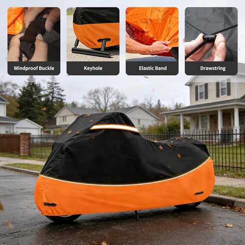 Heavy Duty Motorcycle Cover Waterproof Outdoor Storage - Road King Glide Street Glide Heritage Classic for Low Riders and Most Motorcycles(Black&Orange) in Saudi Arabia