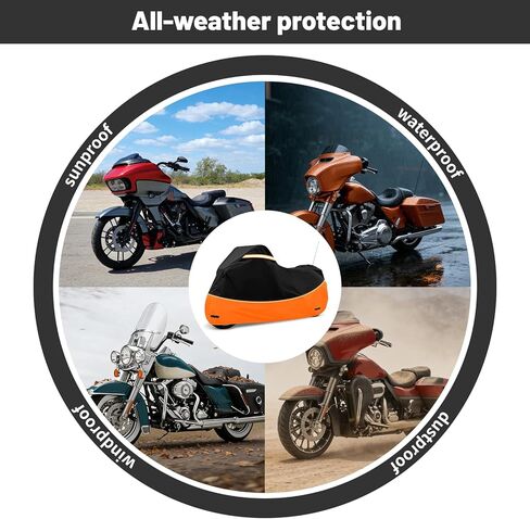 Heavy Duty Motorcycle Cover Waterproof Outdoor Storage - Road King Glide Street Glide Heritage Classic for Low Riders and Most Motorcycles(Black&Orange) in Saudi Arabia