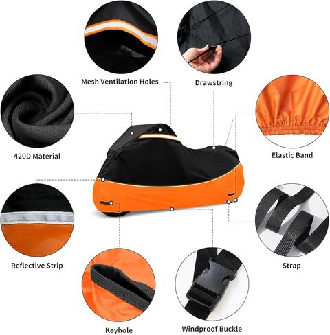 Heavy Duty Motorcycle Cover Waterproof Outdoor Storage - Road King Glide Street Glide Heritage Classic for Low Riders and Most Motorcycles(Black&Orange) in Saudi Arabia